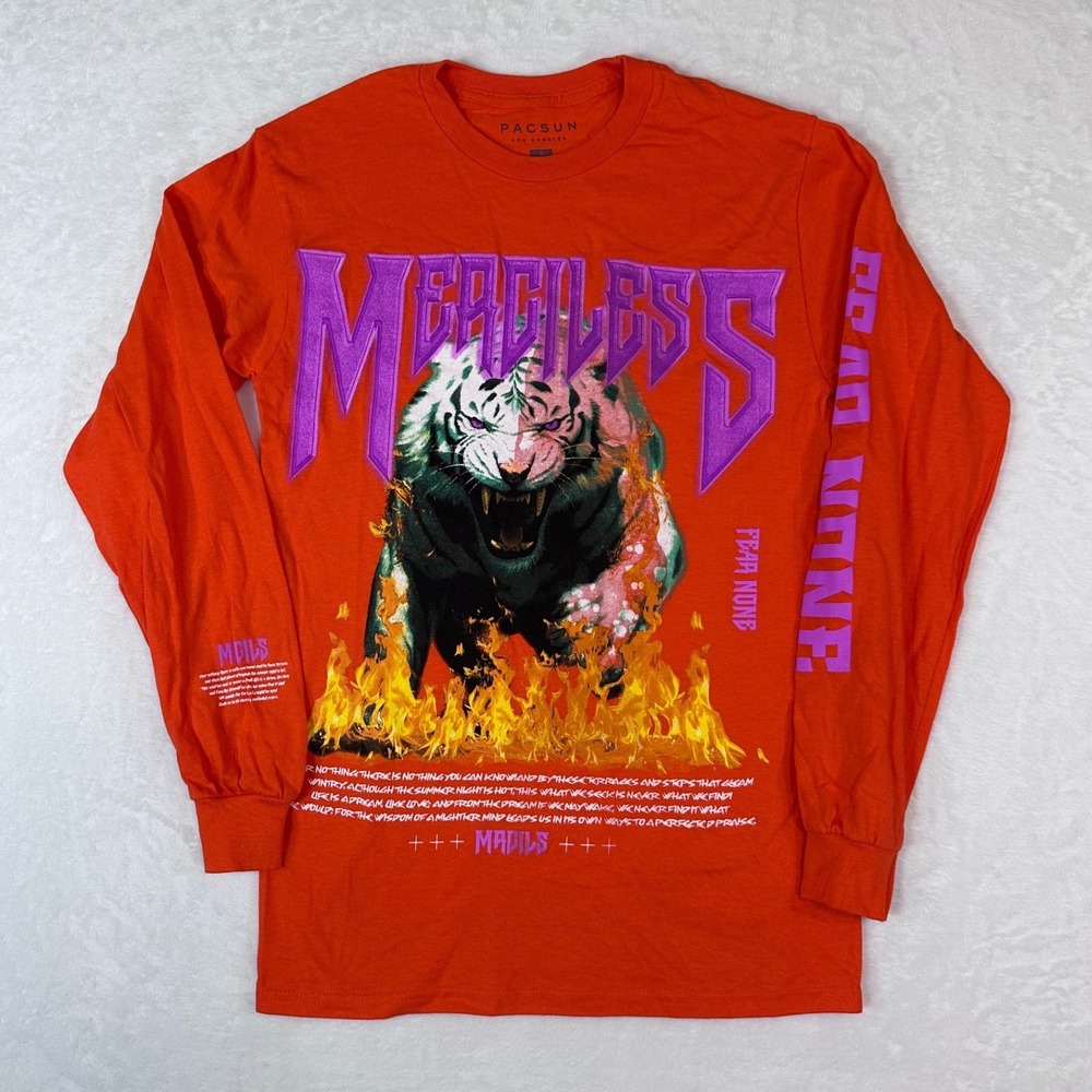 PacSun Merciless Tiger Graphic Long Sleeve Shirt Orange Mens Small Streetwear